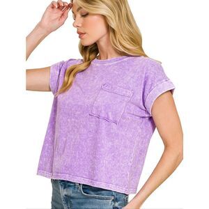 Zenana Washed Cotton Washed Lavender Pocket Tee sz Medium - Women's Casual Top